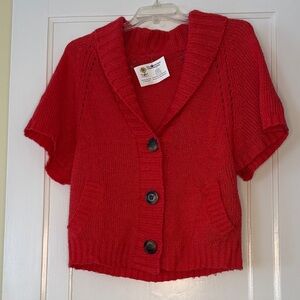 Handmade Red Orange Knit Cardigan Sweater Medium Cotton Wool Blend NWT